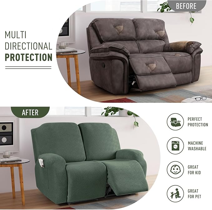 KinCam Recliner Covers, Stretch Reclining Chair Covers, Recliner Sofa Slipcovers Stripe Jacquard Recliner Couch Covers Furniture Protector Covers for Pet Kid (2 Seater, Greyish Green)