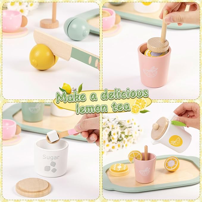 Toyssa Wooden Tea Party Set for Little Girls Toys Toddler Tea Set with Play Kitchen Accessories & Lemonade Stand & Black Board, Wooden Toys for Toddlers Aged 2 3 4 5 6, Birthday Kids Girls Gifts 3+