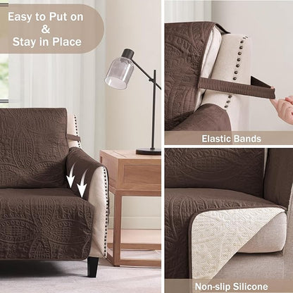 Soft Couch Cover with Pockets for Extra-Large Sofa, Medallion Quilted Design Couch Covers for 3 Cushion Sofa, Oversized Sofa Covers Washable Water-Repellent (X-Large Sofa 78", Chocolate)