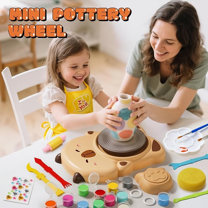 Skirfy Mini Pottery Wheel Machine Kit for Beginners Kids with Light,Electric Ceramic Wheel with Foot Pedal&Painting Kit, Adjustable Speed,Clay Spinner DIY Tools for Art Craft Birthday (Brown)