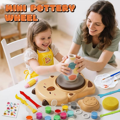 Skirfy Mini Pottery Wheel Machine Kit for Beginners Kids with Light,Electric Ceramic Wheel with Foot Pedal&Painting Kit, Adjustable Speed,Clay Spinner DIY Tools for Art Craft Birthday (Brown)