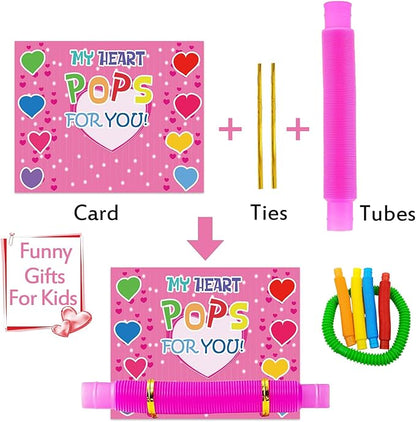 32 Pack Valentines Day Gifts for Kids, Valentines Day Cards for Kids with Pop Tubes, Stress Relief Fidget Toys for Valentine Classroom School Exchange Prizes Party Favors Supplies