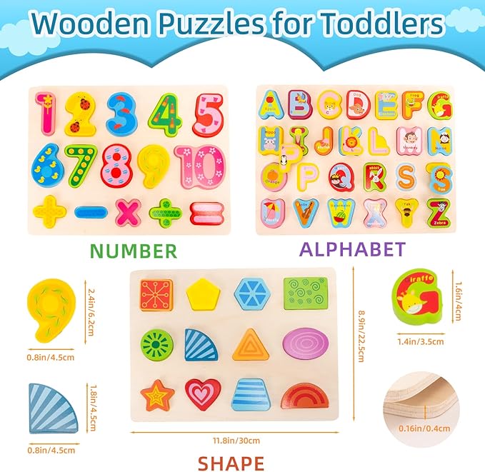 Wooden Alphabet Number Shape Learning Puzzles for Toddlers, 3 in 1 ABC Letter Puzzle Board Set for Kids Ages 3-5 Educational Alphabet Learning Toys for Preschoolers Boys Girls Gifts