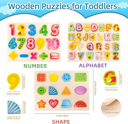Wooden Alphabet Number Shape Learning Puzzles for Toddlers, 3 in 1 ABC Letter Puzzle Board Set for Kids Ages 3-5 Educational Alphabet Learning Toys for Preschoolers Boys Girls Gifts