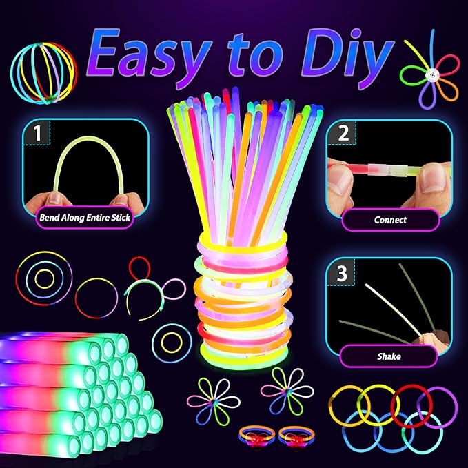 131 Pcs Glow in the Dark Party Supplies, Light Up Party Favors with 6 Foam Glow Sticks, 6 Led Glasses, 6 Finger Lights, 100 Glow Sticks Bulk Party Pack DIY Necklaces Bracelets, Neon Party Supplies
