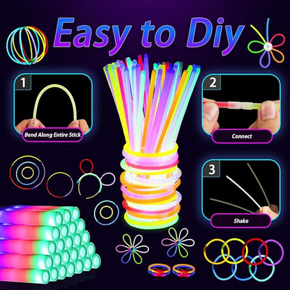 131 Pcs Glow in the Dark Party Supplies, Light Up Party Favors with 6 Foam Glow Sticks, 6 Led Glasses, 6 Finger Lights, 100 Glow Sticks Bulk Party Pack DIY Necklaces Bracelets, Neon Party Supplies