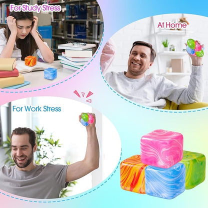 4 Pcs Fidget Stress Cube Bulk Ice Cube Stress Ball Anxiety Relief Soft Squeeze Sensory Ball for Party Favors Prizes Goodie Bag Stuffers (Pink,Blue,Green,Orange)
