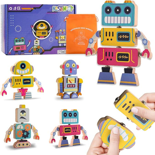 Wooden Snap Together Robot Toys, Fine Motor Building Robot Blocks for Kids, STEM Montessori Educational Learning Toy, Gift for 3 4 5 6+ Years Old Boy Girl Kids
