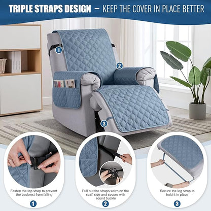 TAOCOCO 100% Waterproof Recliner Covers, Recliner Sofa Covers with Leg Straps, Reversible Recliner Couch Cover for Reclining Chair, Washable Couch Protector for Pets Kids(1 Seater 28", Sky Blue)