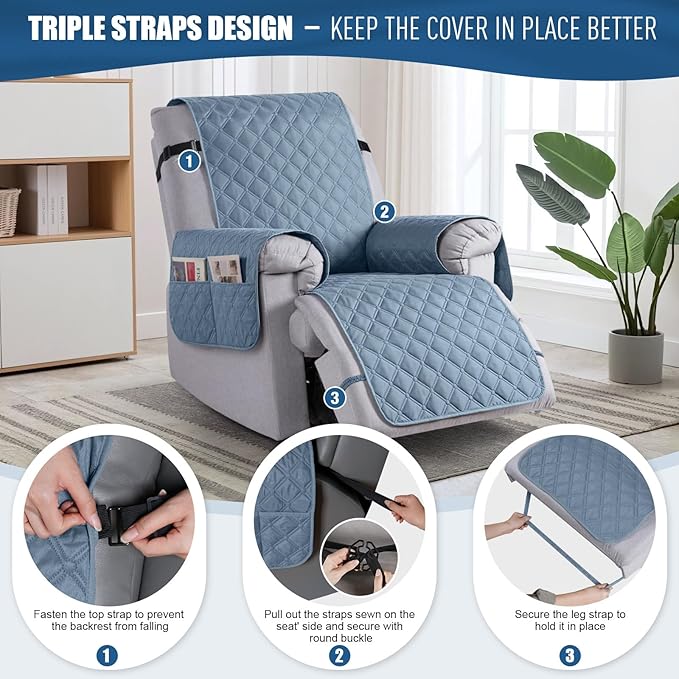 TAOCOCO 100% Waterproof Recliner Covers, Recliner Sofa Covers with Leg Straps, Reversible Recliner Couch Cover for Reclining Chair, Washable Couch Protector for Pets Kids(1 Seater 22", Sky Blue)