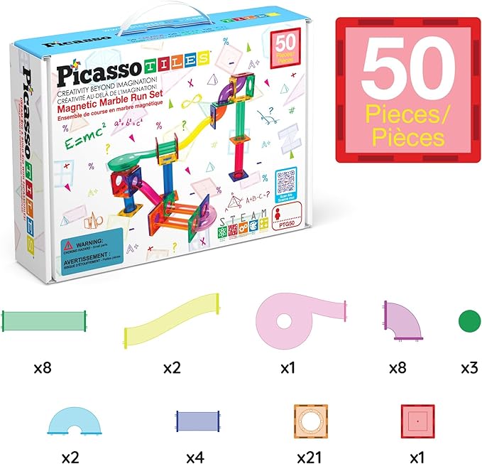 PicassoTiles 50pcs Magnetic Tiles Marble Run for Kids Race Track Toy Marble Maze Sensory Toys for Toddlers STEM Educational Set Magnet Building Blocks Construction Building Tiles Boys Girls 3+ PTG50