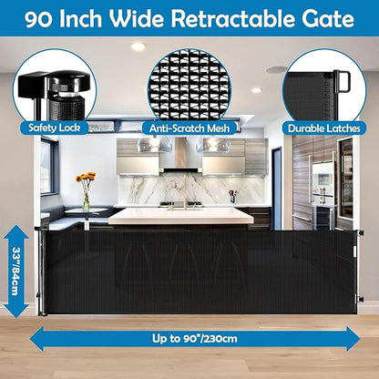 90 Inch Retractable Baby Gates Extra Wide Dog Gate Outdoor Retractable Gate Indoor Long Baby Gate Extra Wide Baby Gates for Large Openings Retractable Dog Gate Retractable Pet Gate for Doorway, Black