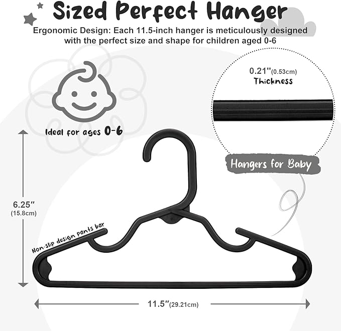 HOUSE DAY Premium Baby Hangers 60 Pack, 11 Inch Kids Plastic Hangers Black, Slim Childrens Hangers for Infant, Toddler, and Child Clothes, Durable Baby Clothes Hangers for Closet