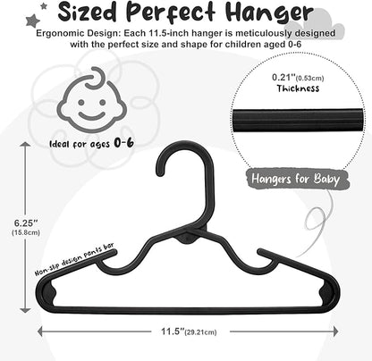 HOUSE DAY Premium Baby Hangers 60 Pack, 11 Inch Kids Plastic Hangers Black, Slim Childrens Hangers for Infant, Toddler, and Child Clothes, Durable Baby Clothes Hangers for Closet