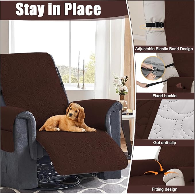 Waterproof Recliner Chair Couch Cover, Anti Slip Recliner Chair Sofa Covers with Elastic Bands,Furniture Protector for Kids, Pets, Dog and Cat (1 Cushion Loveseat, Dark Coffee)