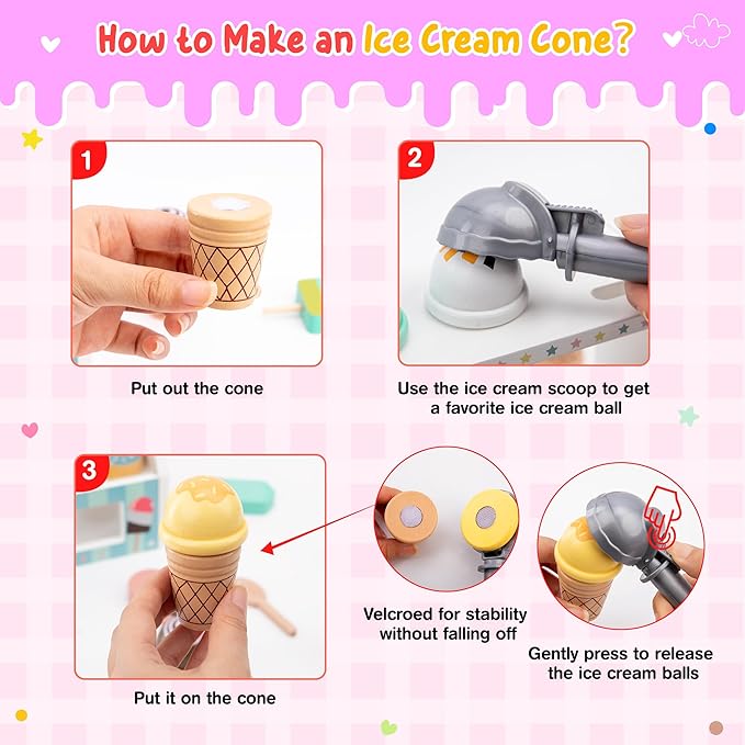 Meland Ice Cream Toy - Wooden Ice Cream Play Set with Aprons, Kids Toys for Toddlers Pretend Play, Toys for Girls Boys 3 4 5 6 7 Years Old Wooden Toys Play Store Playset for Kids Children Gift