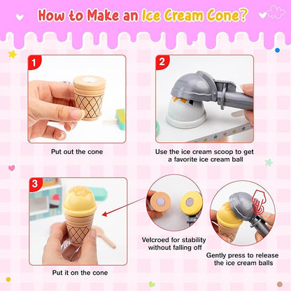 Meland Ice Cream Toy - Wooden Ice Cream Play Set with Aprons, Kids Toys for Toddlers Pretend Play, Toys for Girls Boys 3 4 5 6 7 Years Old Wooden Toys Play Store Playset for Kids Children Gift