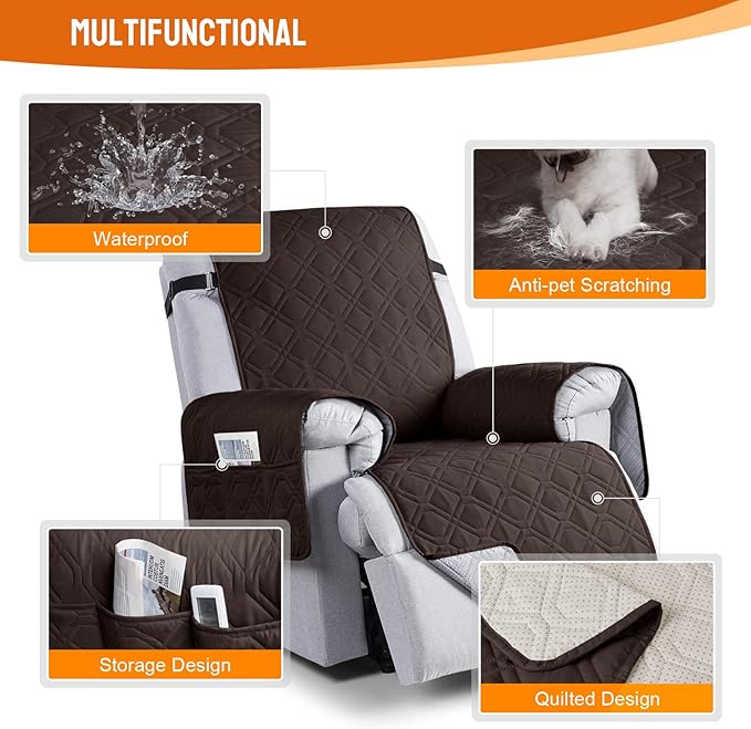 VANSOFY 100% Waterproof Recliner Chair Covers, Recliner Cover Non-Slip Dog Chair Cover Furniture Protector Washable Slipcover with Pocket, Elastic Straps for Pets, Dogs(Chocolate, 28")