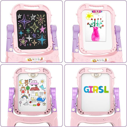 Kids Art Easel, Adjustable Drawing White Board & Chalk Board, Toddler Standing Easel with Painting Accessories, Gift for Girls Boy (Pink)