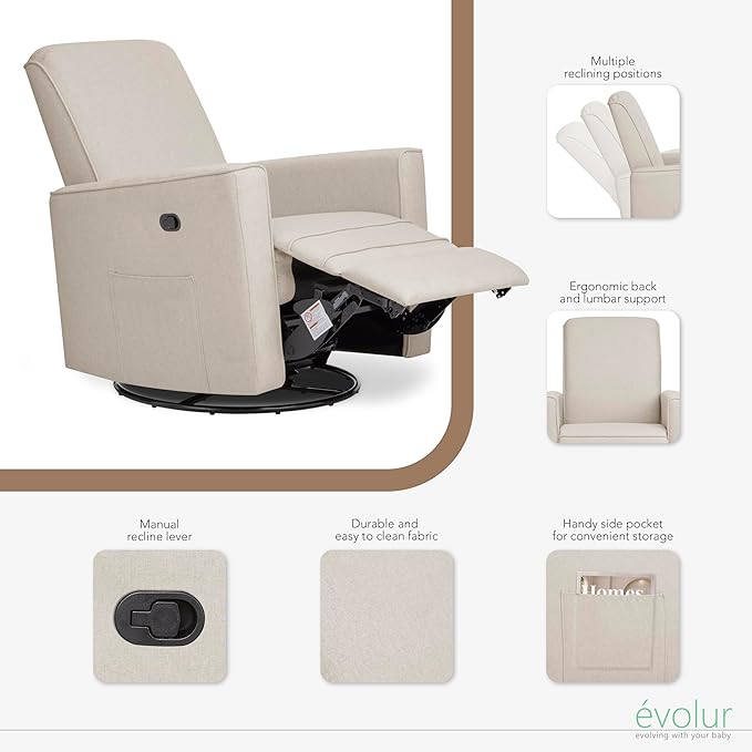 Evolur Raleigh Glider in Light Sand, Upholstered Plush Seating 360° Swivel Glider Rocking Chair, FSC Certified, Greenguard Gold & JPMA Certified Nursery Glider Recliner