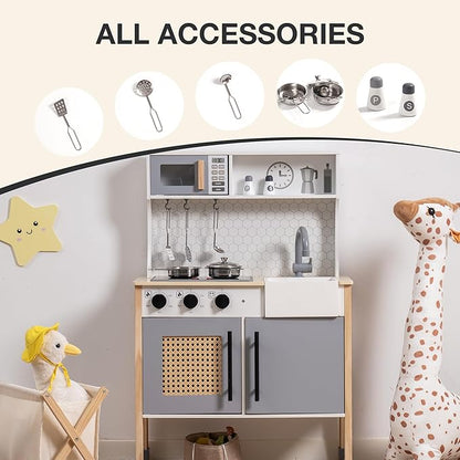 ROBOTIME Wooden Play Kitchen, Kids & Toddlers Kitchen Playset, Kids Play Kitchen Pretend Play Set with Lights & Sounds, Toy Kitchen for Ages 3+ (Gray)