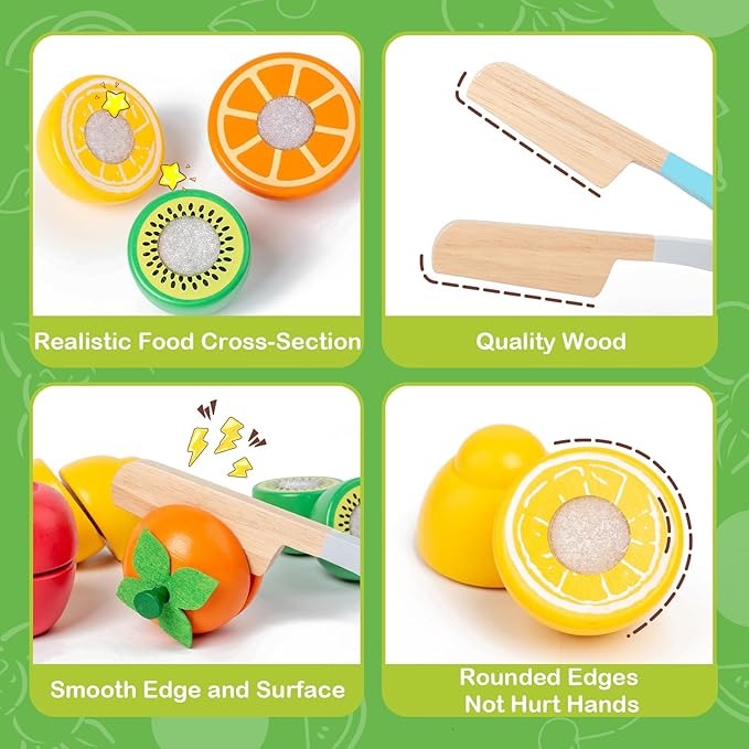 Wooden Play Food Sets for Kids Kitchen Accessories, Velcro Fruit and Veggies Cutting Set for Kids, Pretend Play Food for Toddlers, Montessori Color Sorting Toys for Girls Boys