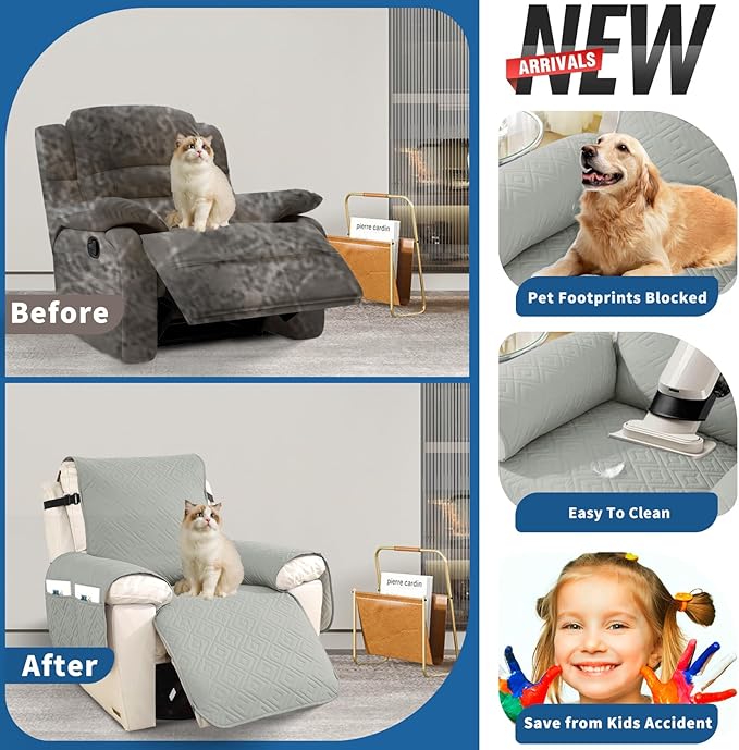 XINEAGE 100% Waterproof Recliner Cover, Non Slip Recliner Chair Cover with Elastic Band, Washable Recliner Slipcover with Storage Pockets for Kids, Pets (Light Gray, 30")