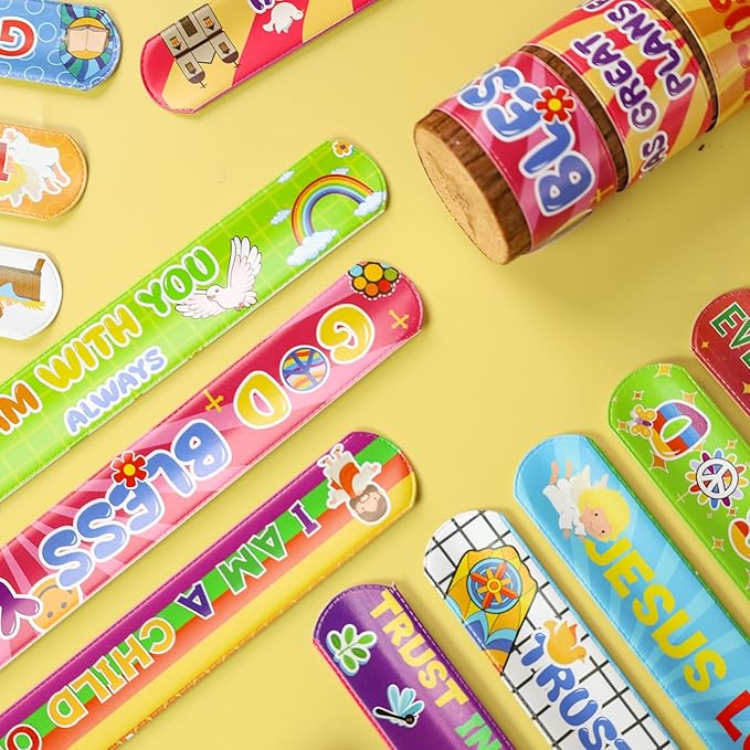 MCPINKY 64PCS Christian Slap Bracelets, Bible Verses Religious Slap Bracelets Snap Wristbands for Kids Sunday School Gifts Classroom Prizes