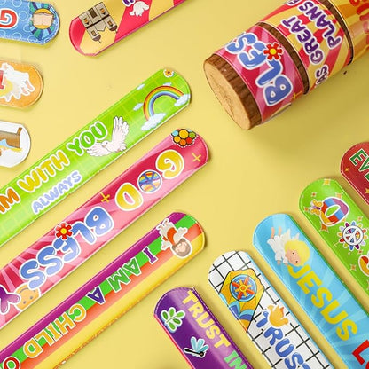 MCPINKY 64PCS Christian Slap Bracelets, Bible Verses Religious Slap Bracelets Snap Wristbands for Kids Sunday School Gifts Classroom Prizes