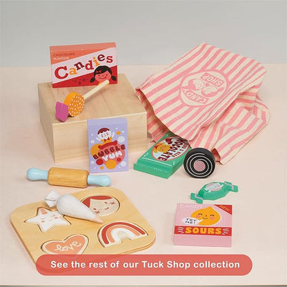 Mentari Toys - Cookie Cutting Set - 7pc Wooden Cookie Play Food Set with Accessories - Pretend Play Cookies and Baking for Toddlers - Shape Sorting Imaginative Play Set for Toddlers - Age 2+