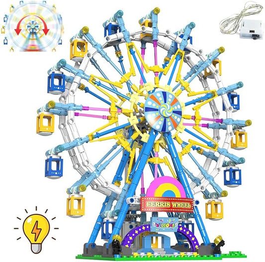 Rotating Ferris Wheel Building Blocks Kit with Lights Amusement Park Building Construction Toys Set for 6+ Year Boys Girls Birthday Gift, for Children 813pcs