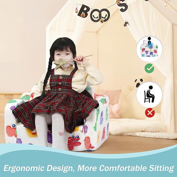 MeMoreCool Glow-in-The-Dark Alphabet Kids Couch – Soft Plush Folding Toddler Chair and Comfy Recliner for Boys and Girls