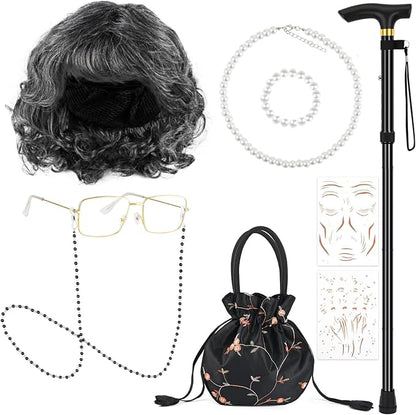 9 PCS 100 Days of School Old Lady Wig Set Include Wig Glasses Necklace Bracelet Glasses Chain Bag Cane and Stickers