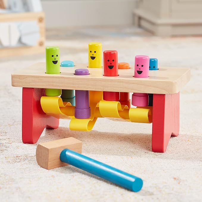 Melissa & Doug Geometric Stacker - Wooden Educational Toy & Deluxe Pounding Bench Wooden Toy with Mallet