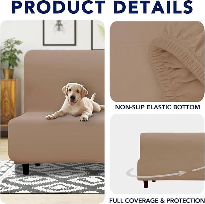 PureFit 100% Dual Waterproof Couch Cover Slipcovers for Couches and Sofas - Stretch Non Slip Fleece Sofa Covers Washable, Leakproof Furniture Protector for Kids, Pets, Dog (Futon, Camel)