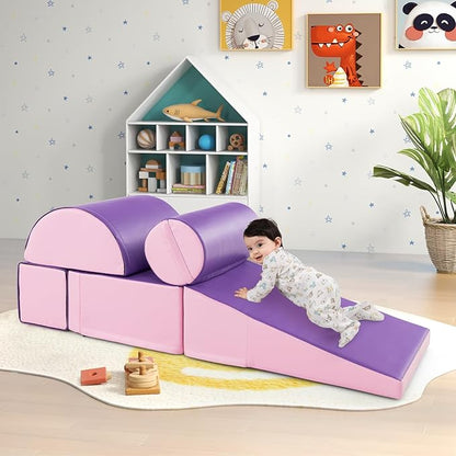 HONEY JOY 5-Piece Climb and Crawl Playset, Soft Climbing Foam Block Activity Play Structure Gym Equipment for Infant Baby, Color Coordination, Waterproof Indoor Climbing Toys for Toddlers (Purple)