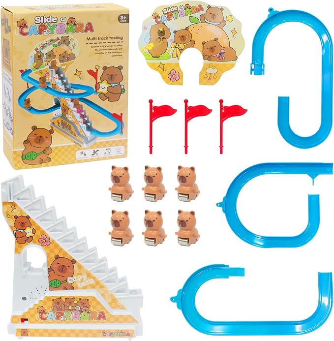 Roller Coaster Toys for Toddlers, Climbing Stairs Slide Toy Set with Flashing Lights & Music On/Off Button, Birthday Capybara Gifts for Boys Girls Kids
