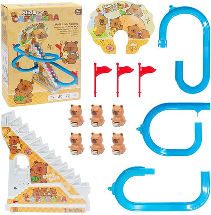 Roller Coaster Toys for Toddlers, Climbing Stairs Slide Toy Set with Flashing Lights & Music On/Off Button, Birthday Capybara Gifts for Boys Girls Kids
