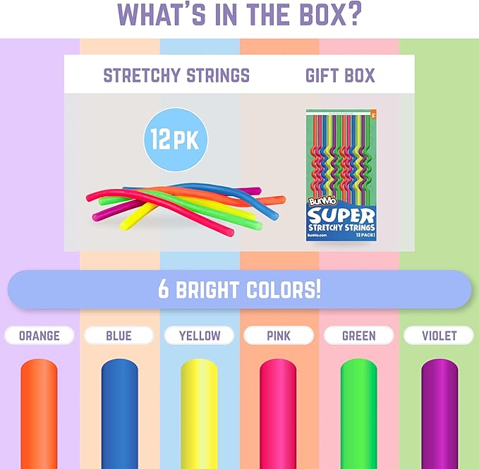 BUNMO Stretchy Strings - Sensory Toys for Toddlers - Stimulating & Addictive Sensory Toys for Kids - Fidget Toy - Hours of Fun for Kids - Non-Mouthable Toy 3+ - Mini Smooth 12 Pack