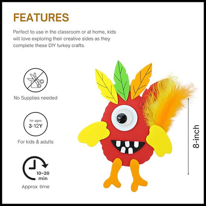 4E's Novelty Monster Turkey Crafts for Kids (12 Pack) Halloween Bulk Foam Magnet Craft Kit, Thanksgiving Crafts for Kids 4-8, 3-12, Thanksgiving Activities for Kids