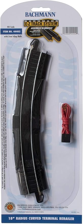 Bachmann Trains - Snap-Fit E-Z TRACK 18” RADIUS CURVED TERMINAL RERAILER w/WIRE (1/card) - STEEL ALLOY Rail With Black Roadbed - HO Scale