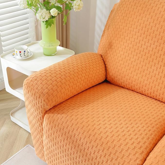 vctops 6 Pieces Jacquard Plush Recliner Loveseat Slipcover Stretch Soft Sofa Couch Cover Anti-Slip Solid Color Furniture Protector with Elastic Bottom for Kids Cats Dogs(Orange,2 Seat)