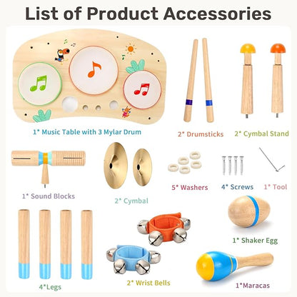 WINGYZ 11-in-1 Kids Drum Set – Montessori Baby Musical Toys & Wooden Musical Instruments for Toddlers 1-3, Music Table with Bongo Drums, Cymbals, Maracas & Wrist Bells for Early Rhythm Play