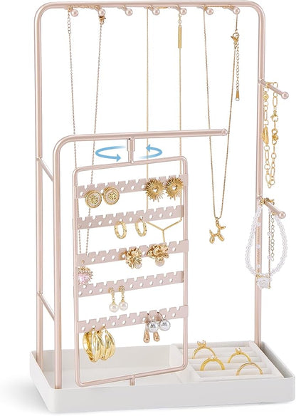 ProCase Jewelry Stand Holder Organizer, Jewelry Display Storage with Ring Tray, Rotating Earring Bracelet Necklace Holder, Valentine's Gifts Room Dorm Decor for Teen Girls -Champagne (No-Assembly)