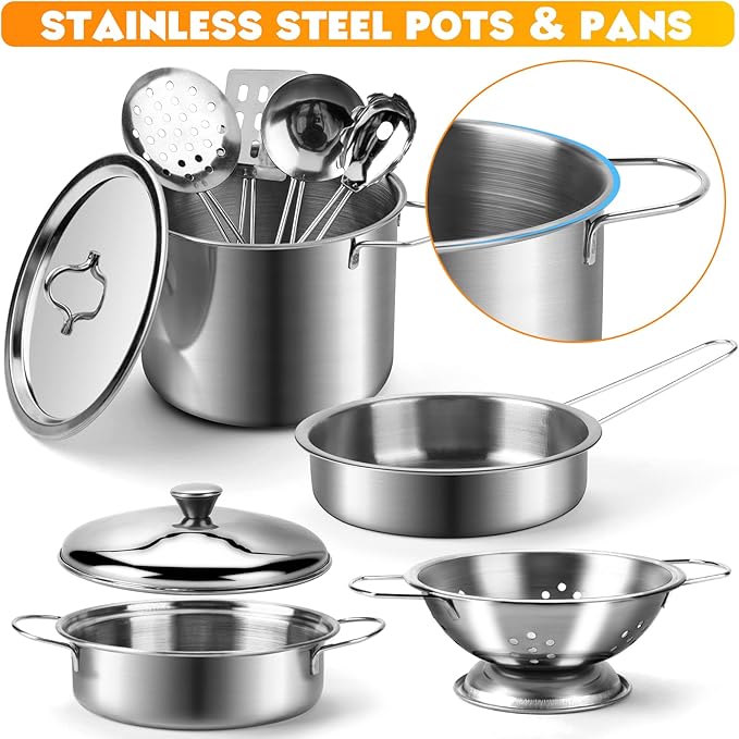 26PCS Play Kitchen Accessories, Kitchen Pretend Play Cooking Toys w/ Stainless Steel Cookware, Apron & Chef Hat,Pots and Pans Set, Cutting Foods, Great Learning Gifts for Toddler & Boys Girls