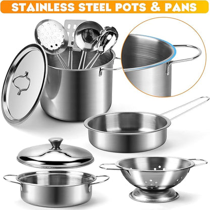 26PCS Play Kitchen Accessories, Kitchen Pretend Play Cooking Toys w/ Stainless Steel Cookware, Apron & Chef Hat,Pots and Pans Set, Cutting Foods, Great Learning Gifts for Toddler & Boys Girls