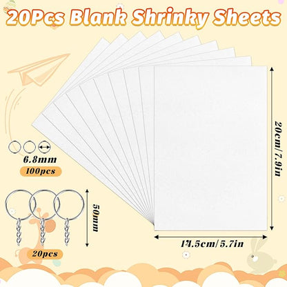 Gushu 140 Pcs Shrink Dink Sheets Keychain Making Kit, 20 Blank Heat Shrinky Art Papers (7.9 x 5.7 Inch) with 120 Keychain Accessories for DIY Crafts, Creative Handprint Art for Teens & Adults