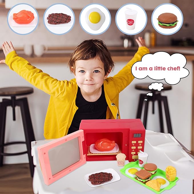 Toy Microwave Oven Playset with Light and Sound, Toy Kitchen Appliances for Kids, Play Kitchen Accessories and Toy Food for Toddlers 3 Year Old Up Girls Boys, Red