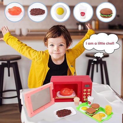 Toy Microwave Oven Playset with Light and Sound, Toy Kitchen Appliances for Kids, Play Kitchen Accessories and Toy Food for Toddlers 3 Year Old Up Girls Boys, Red
