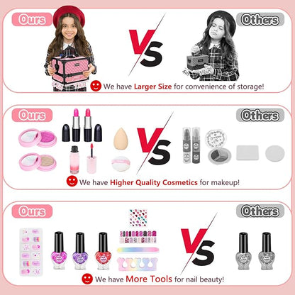 Hollyhi 59Pcs Kids Makeup Kit for Girl, Washable Play Makeup Toys Set for Dress Up, Beauty Vanity Set with Cosmetic Case Birthday Toys for Girls 3 4 5 6 7 8 9 10 11 12 Year Old Kids Toddlers ( Pink )